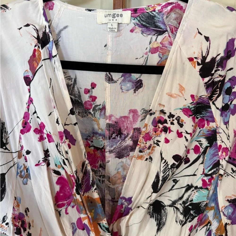 Umgee Floral Deep V-Neck Multicolor Boho Flowy Midi Dress - Size Large - Picture 2 of 6